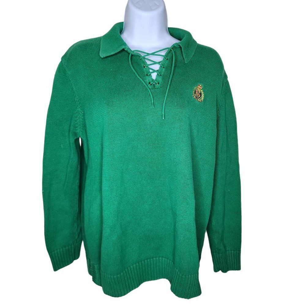 Vintage 80s Lauren Ralph Lauren Pullover Sweater Lace Up Womens Size L Green
